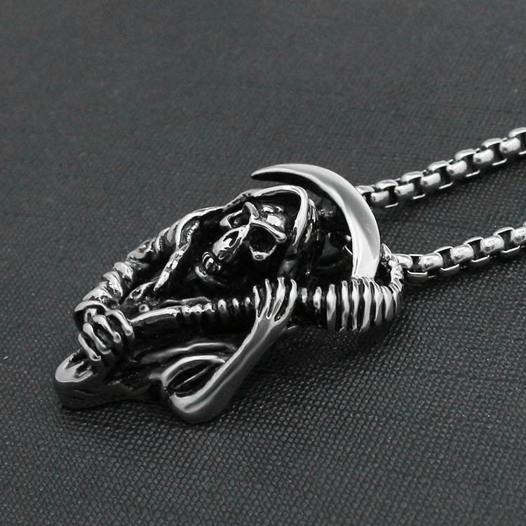 Japanese and Korean Skeleton Death Scythe Pendant Necklace Domineering Personality Stainless Steel Punk Trendy Men's Necklace Stainless Stee