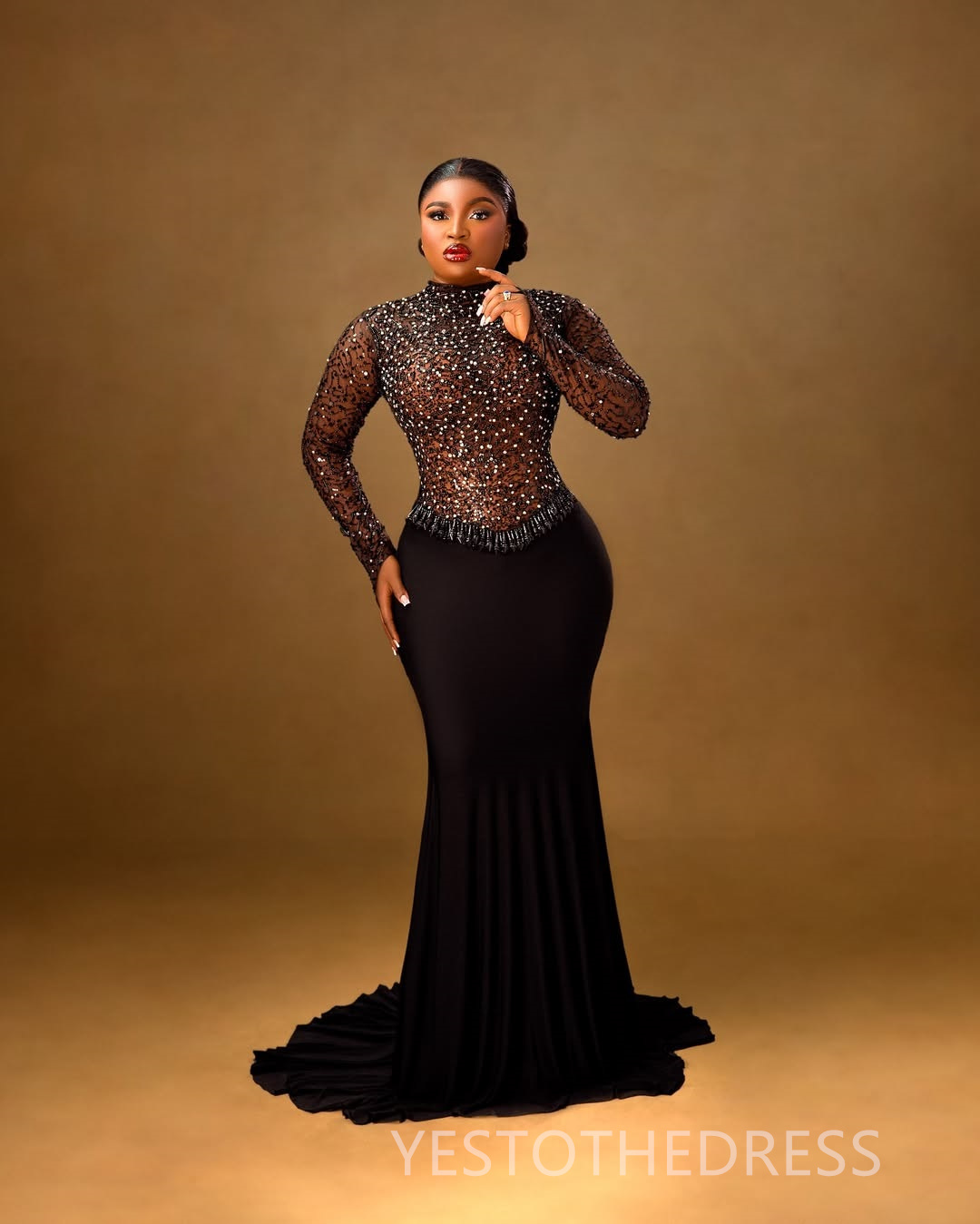 2025 Plus Size Black Aso Ebi Prom Dress Mermaid Prom Dresess Evening Formal Gowns High Neck Long Sleeves Lace Birthday Second Reception Gown For Black