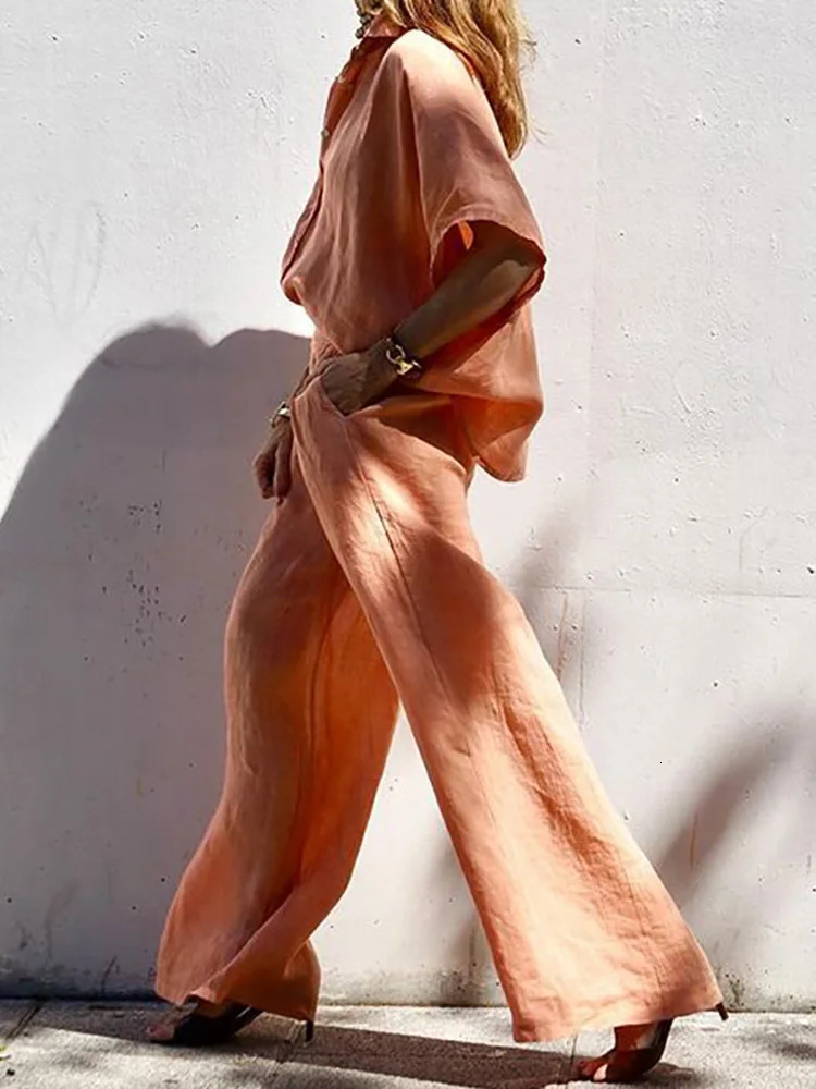 Summer Women Lapel Button Tops And Pants Suit Loose Long Wide Leg Pants Solid Two Piece Set Femme Streetwear Casual 2PCS Outfits 250715