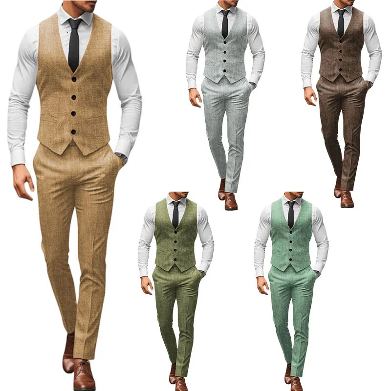 Light Blue Grey Linen Summer Men Suits 2 pieces Vest Pants Groom Tuxedos Wedding Prom handsome Wear Slim fitting 250707