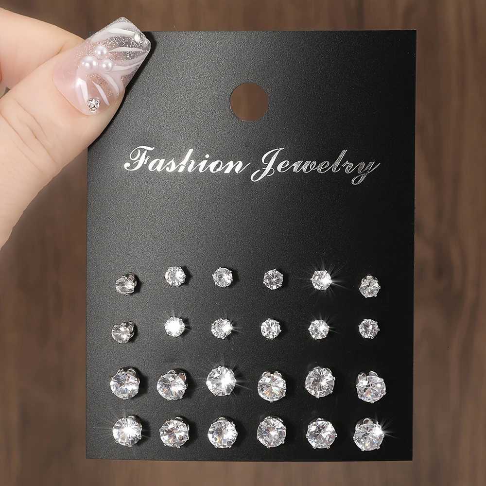 Maximum 12 Pairs Shiny Zircon Stud Earrings Set for Women Men Daily Versatile Chic Silver Color Crystal Ear Jewelry Accessories XJ250718
