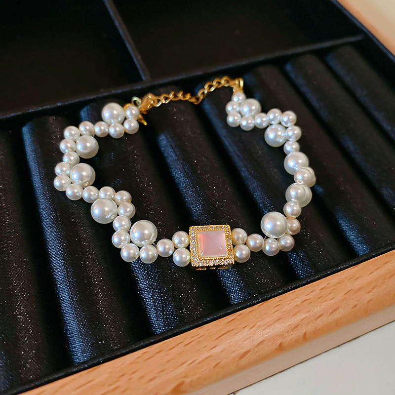 2 Pcs Pearl Zircon Moonstone Freshwater Pearl Necklace Set for Women French Light Luxury Temperament Bracelet Female Wedding Jewelry Sets