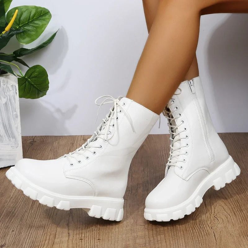 2024 Boots Women Autumn Winter PU Leather White Ankle Boots Motorcycle Botines Female Chunky Heels Platform Boots Botas Mujer 250714