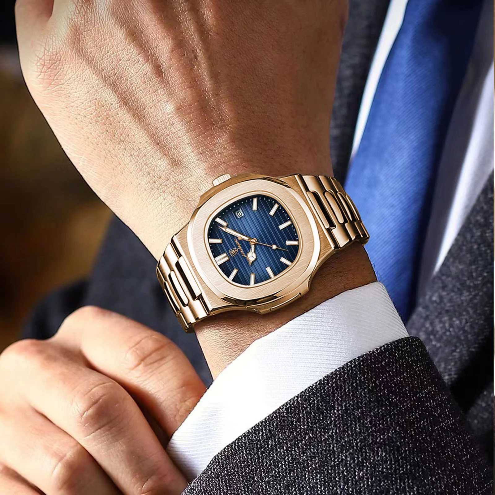 POEDAGAR Fashion Business Mens Watch Waterproof Luminous Date Stainless Steel Mens Quartz Watch Luxury Square Mens Watches Reloj W250718