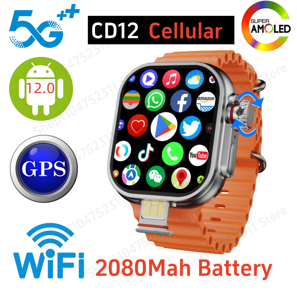 CD12 Smartwatch Android 12.0 5G LTE Sim Card Rotary Camera 2.26 inch Amoled 490 580 HD Screen 2080Mah Smart Watch