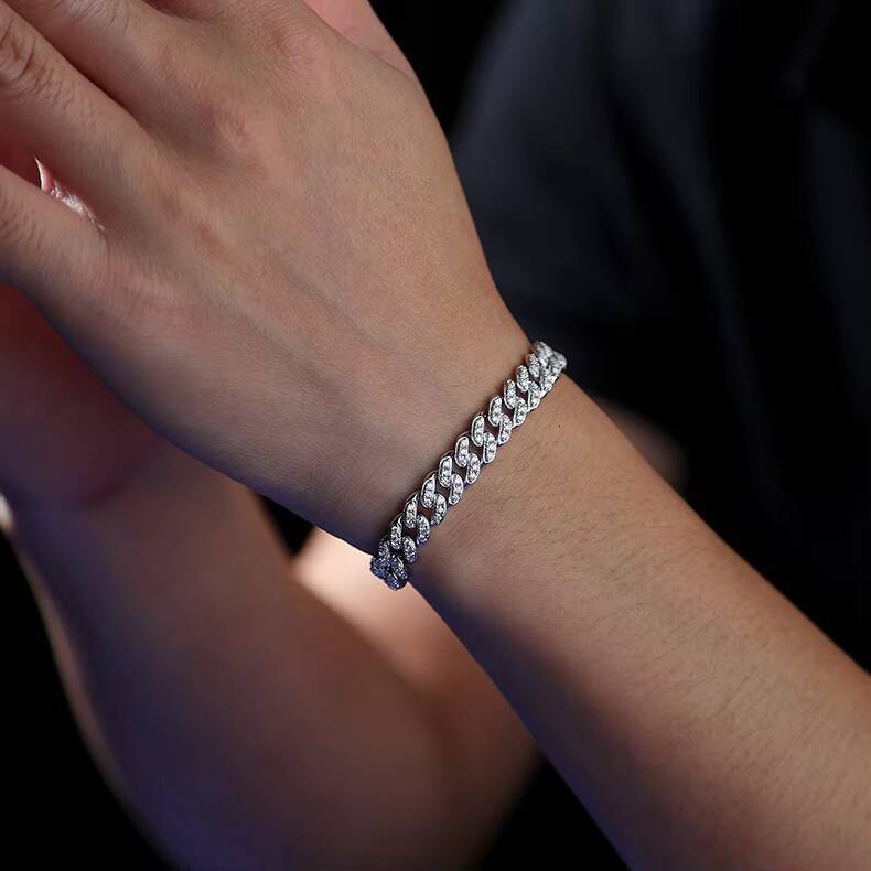 Pass Diamond Tester 8mm 925 Sterling Silver White Gold Plating Set 3ct VVS Moissanite Diamonds Cuban Link Bracelets for Men