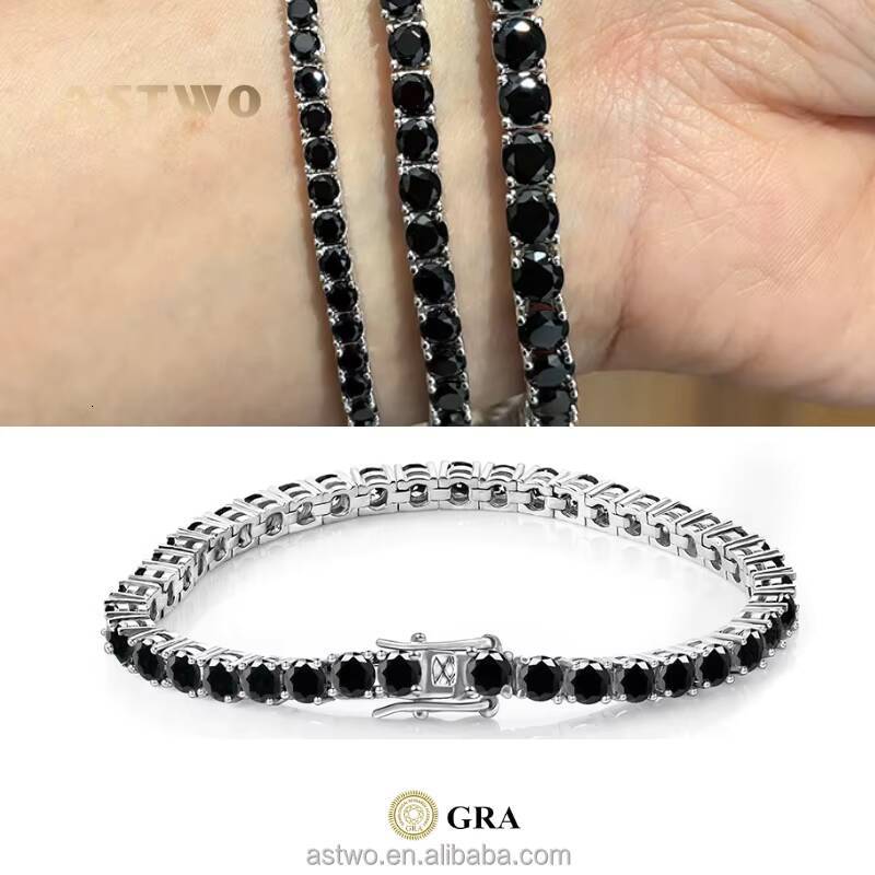 VVS 2mm-6.5mm 925 Sterling Silver Bracelet Mens Womens Bracelet Black Moissanite Tennis Bracelet Men