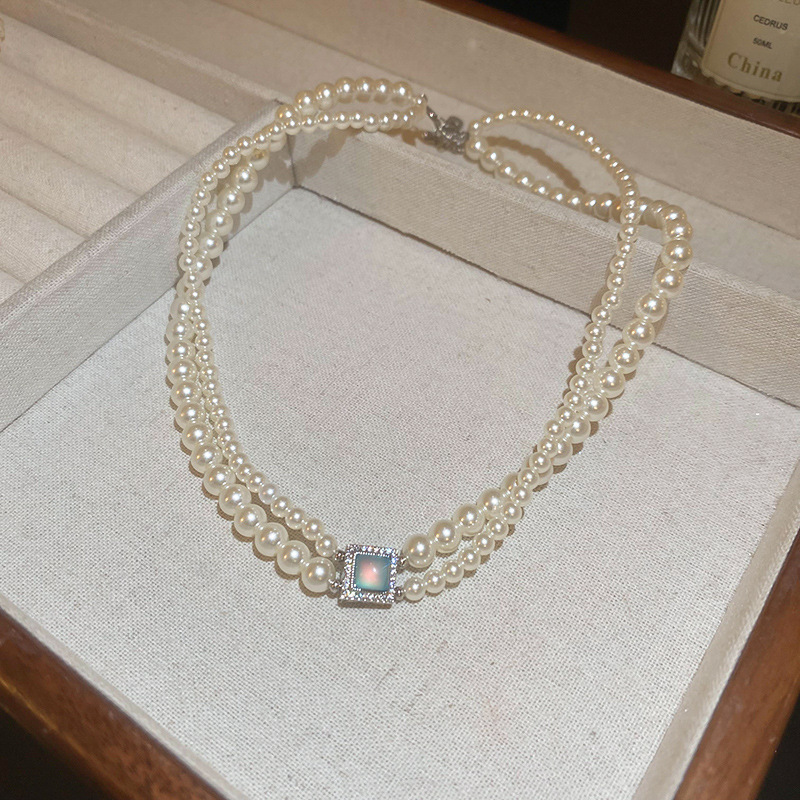 2 Pcs Pearl Zircon Moonstone Freshwater Pearl Necklace Set for Women French Light Luxury Temperament Bracelet Female Wedding Jewelry Sets