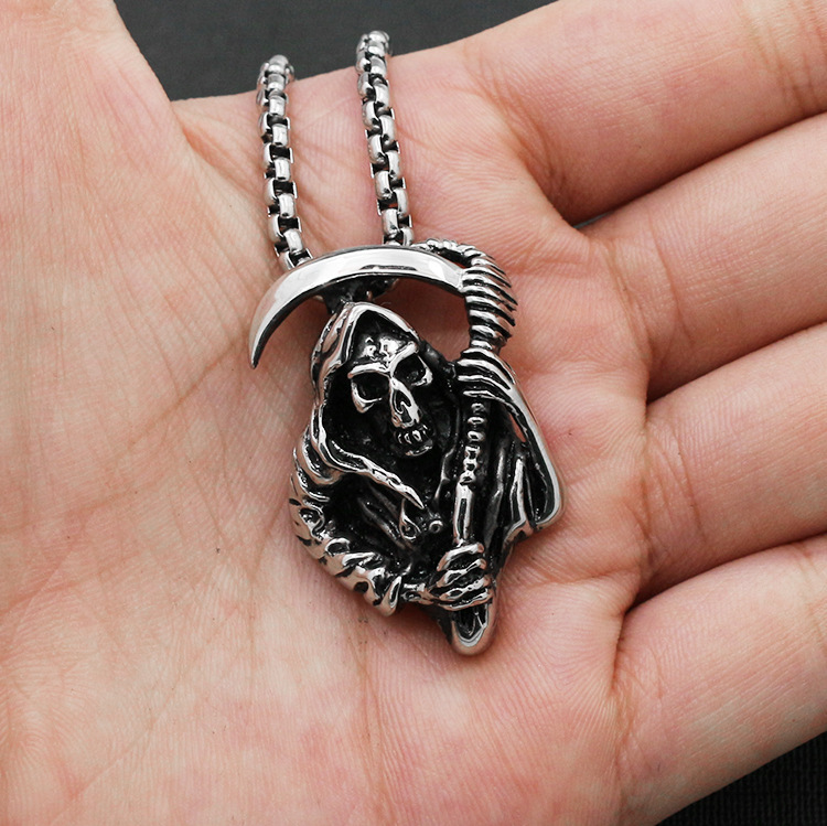 Japanese and Korean Skeleton Death Scythe Pendant Necklace Domineering Personality Stainless Steel Punk Trendy Men's Necklace Stainless Stee