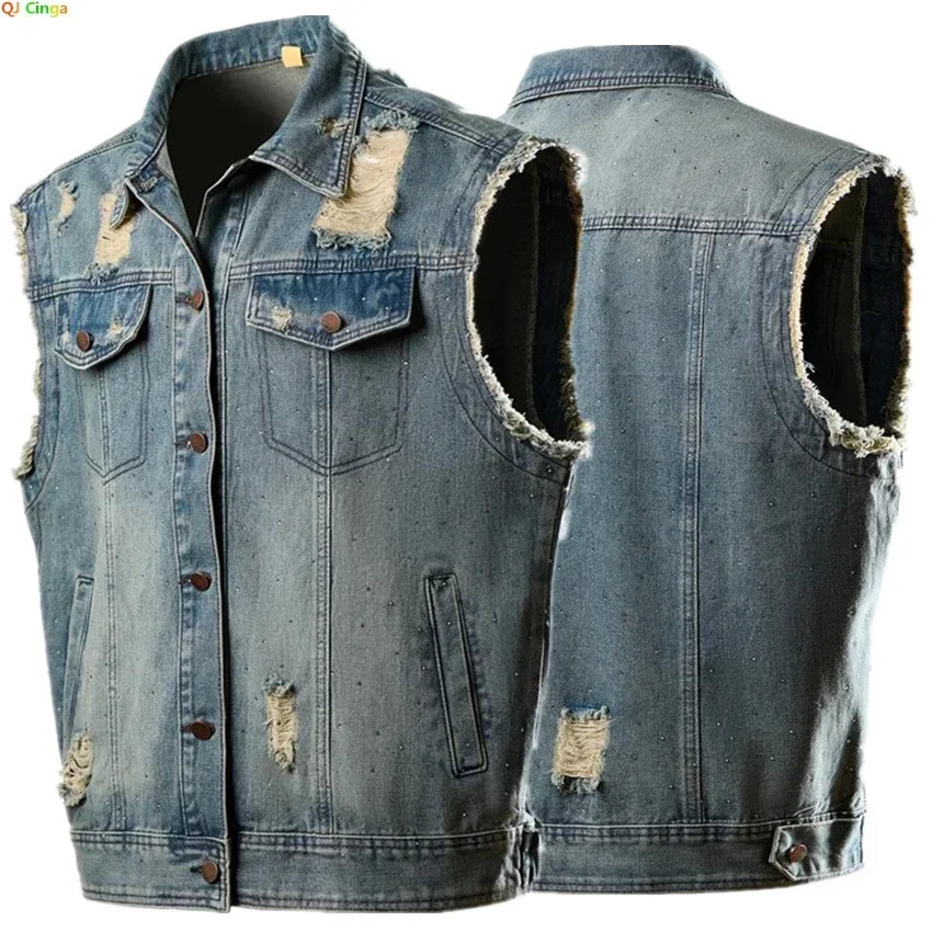 2025 Blue Mens Lapel Sleeveless Denim Jacket Single Breasted Loose Vintage Vest 250707