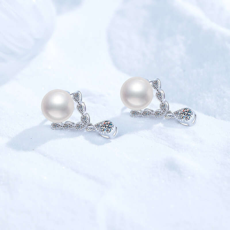 Moissanite S Sterling Sier Natural Freshwater Pearl V-Shaped Elegant High-End Earrings for Women 68f
