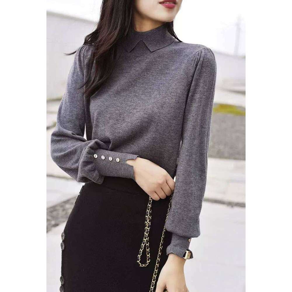 High Necked Pullover Shirts Women Button Up Lantern Sweaters Solid Color Wool Knitwear Women's Long Sleeve Top Turtleneck MDNG