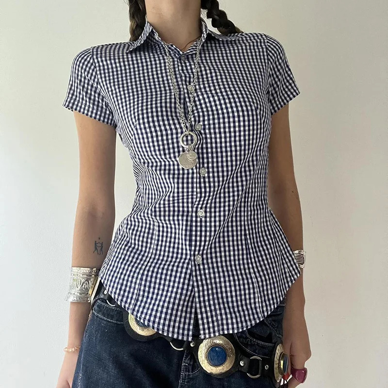 Darlingaga Vintage Fashion Plaid Shirt Women Cropped Top ButtonsUp Cardigan Y2K Korean Style Casual Summer Blouse Short Sleeve 250717