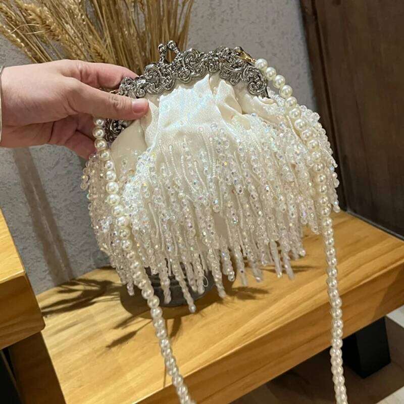 Beaded Tassel Women's Fashion Cheongsam Clip Pearl Chain Satin Handbag High-Quality Crossbody Bag