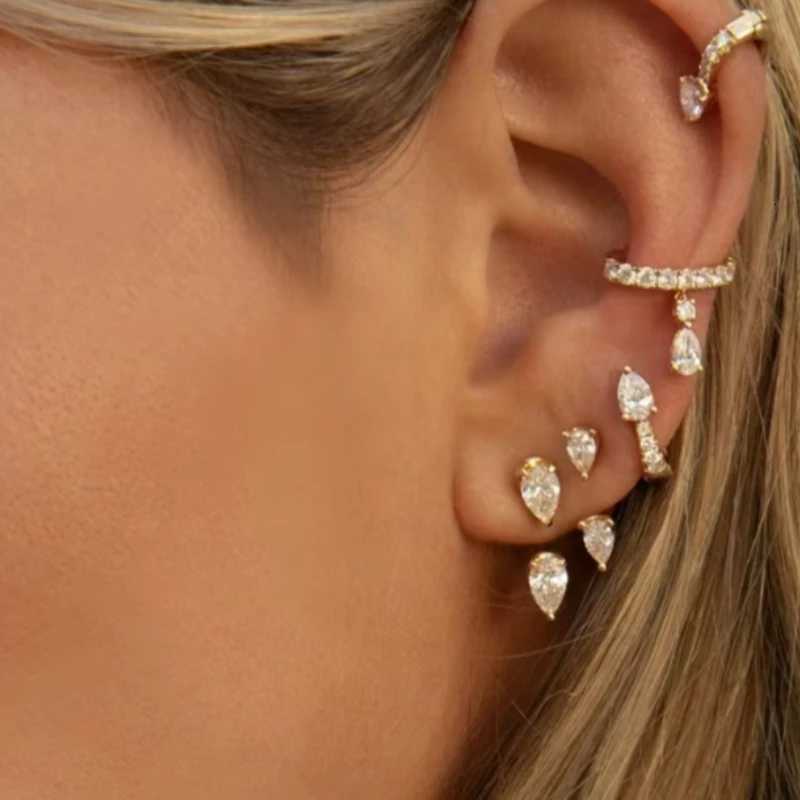 Front and Back Ear Waterdrop Zircon C-shaped Earrings for Women Stainless Steel Earrings XJ250718