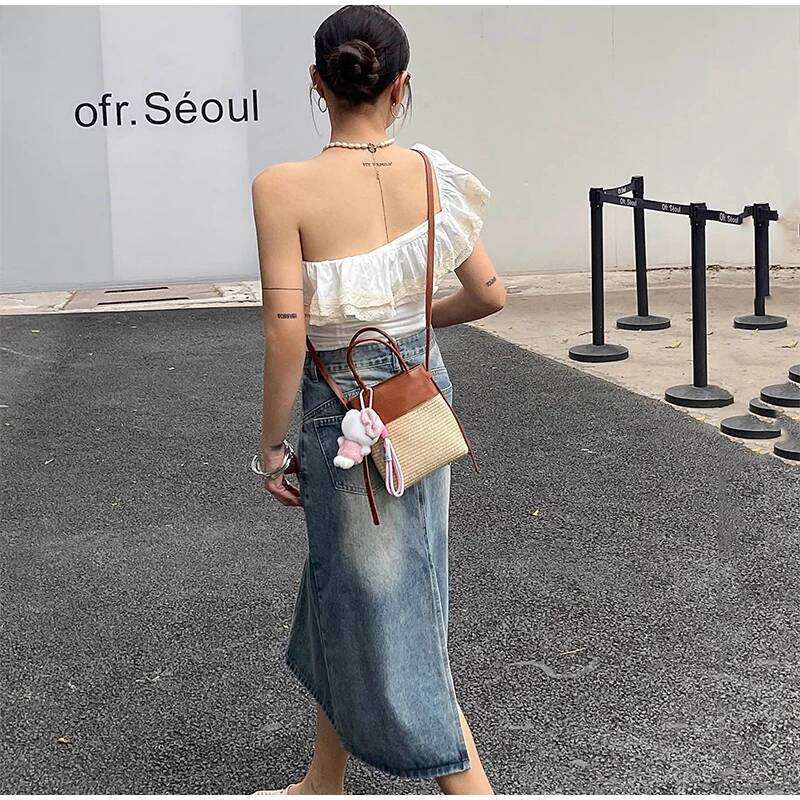 Summer Straw Beach Retro Patchwork Brown Raffia Tote Designer Women Crossbody Bucket Bag Color Blocking Long Shoulderbag