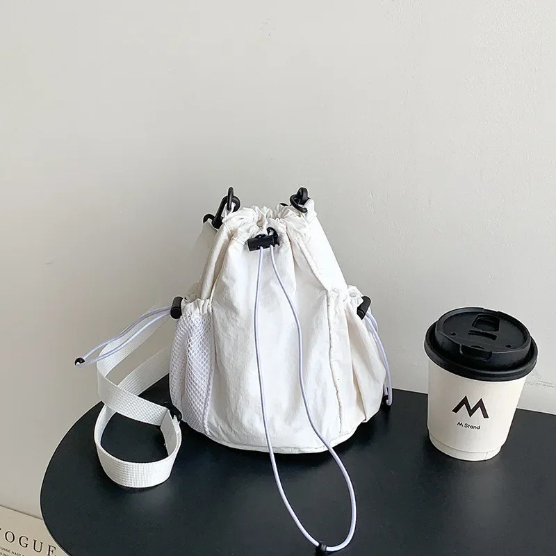 Summer Drawstring Bucket Bags Nylon Canvas Shoulder Crossbody Bags For Women Travel Shopper Handbags Lightweight Small Bags 250717