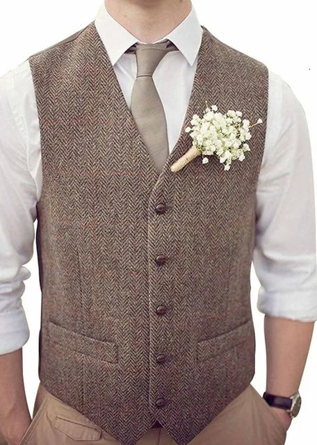 Men Vest Suit Brown Wedding Herringbone Tweed Business Waistcoat Jacket Formal Slim Fit Vintage Black Vests For Groomsmen 250707
