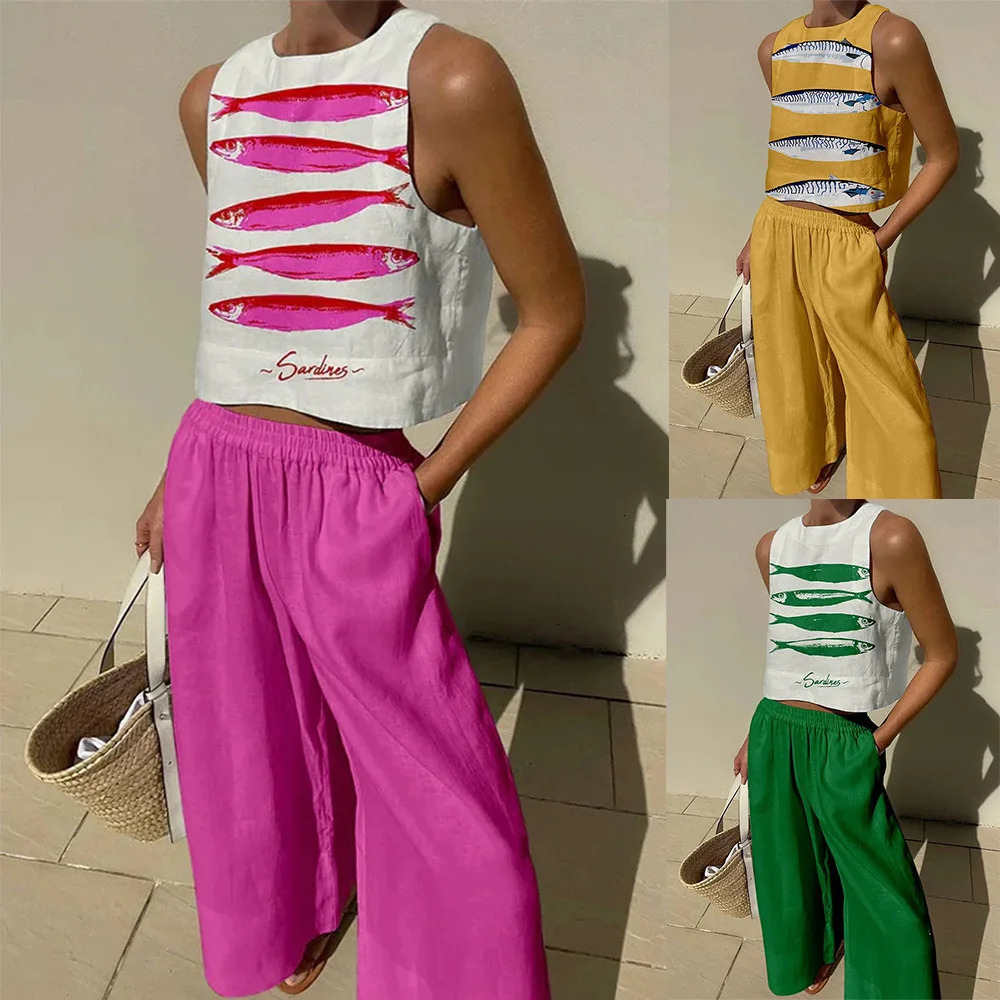 2025 Summer Womens Fashion Trousers Suit Casual Printed Sleeveless Vest Wide-leg Trousers Womens Outing Versatile Style Suit 250715