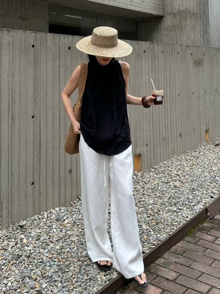 Slack Linen Wideleg Pants Summer Loose Versatile Drawstring Straight White Casual Trousers Korean Fashion 250714
