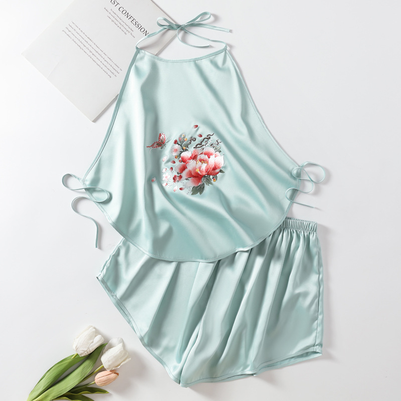 Z40-Retro sexy ice silk embroidered bellyband suit double-layer simulation silk embroidered suspenders underwear pajamas women summer