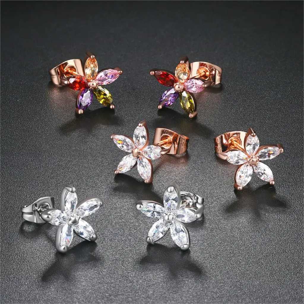 Engagement Wedding Flower Crystal Stud Earrings for Women Fashion Zircon Rose Gold Color Ear Jewelry for Bridal Female Gift E062XJ250718