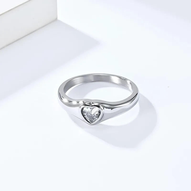 Stainless Steel Heart CZ Solitaire Ring Wedding Band for Women Girl Size 5-10 250715