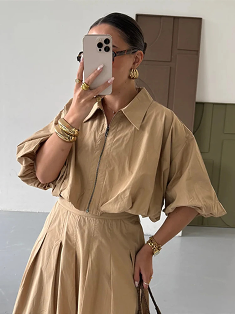 Summer Womens Yellow Lapel Half Sleeve Zipper Short Jacket Pleated Skirt Sets Casual Puff Midi Matching Lady Suits 250717