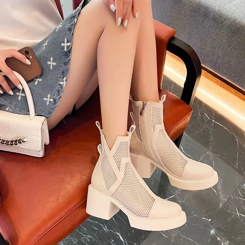Summer White Hollow Womens Thick Heel High Heel Mesh Boots with Small Short Boots Breathable Thin Style 250714