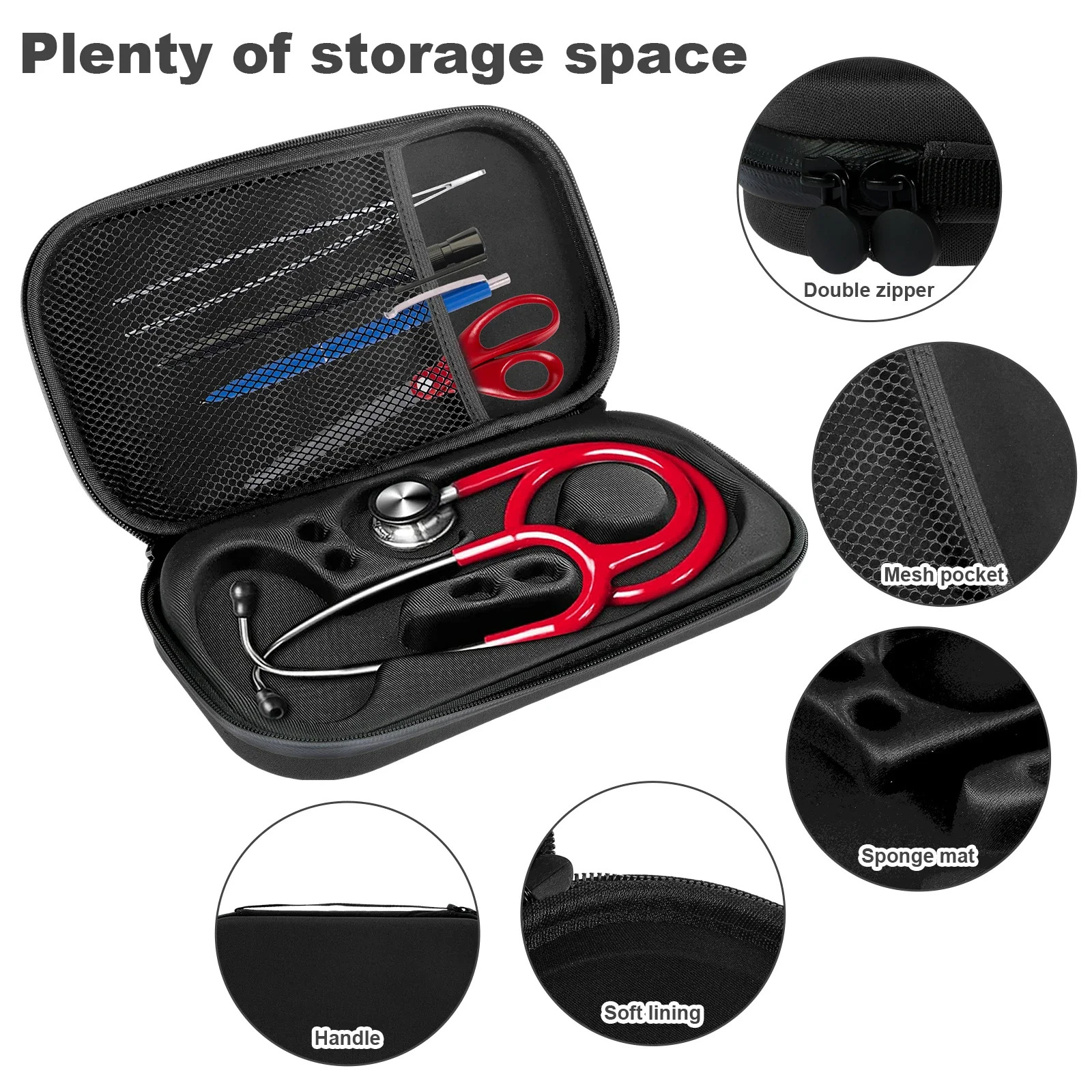 Portable Stethoscope Storage Box with Mesh Bag Travel Carrying Case Hard Drive EVA Pen Medical Organizer for 3M Littmann ADC