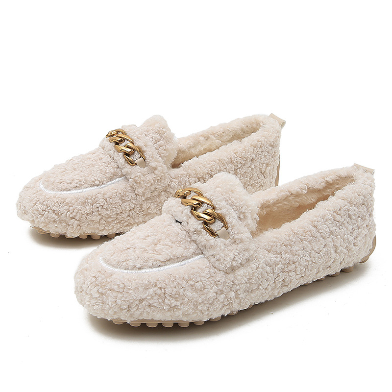 Stylish Lamb Fur Women Platform Metal Decor Vintage Shoes Slip On Plush Lining Female Cork Winter Slides Shoes Woman Furry Soft Sole Casual Oversized 