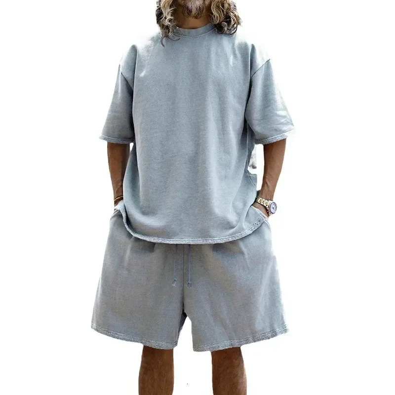 Fashion Plus-size Casual Mens Top Suit Loose Short Sleeve T-shirt Springsummer Shorts Solid Color Mens Suit Men Clothing 250715