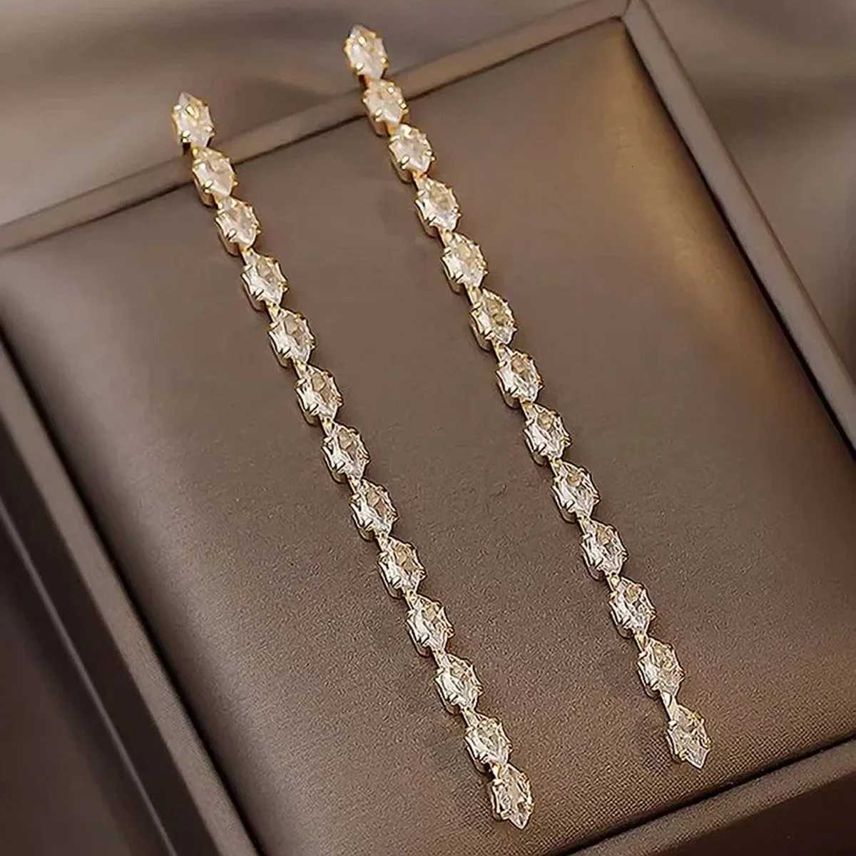 100 Simple Geometric Zircon Crystal Earrings for Women Gold Silver Color Long Tassel Dangle Earrings Party Weddings Jewelry XJ250718
