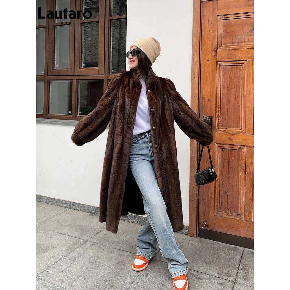Lautaro Winter Long Brown Thick Warm Soft Faux Mink Fur Coat Women Puff Sleeve Elegant Chic Fluffy Furry Overcoat 2023 MDNG
