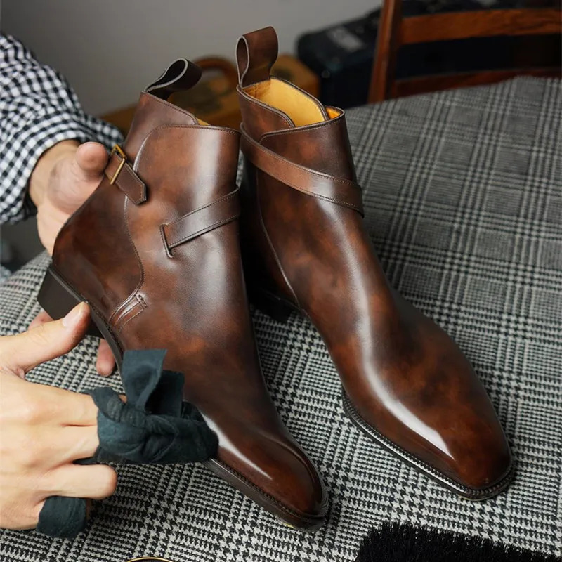 Brown Short Boots for Men Black Buckle Strap Fashion Ankle Boots Business Square Toe Men Boots 250715