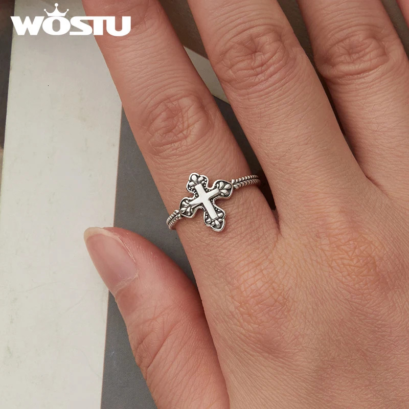 925 Sterling Silver Goth Vintage Cross Open Ring For Women Stylish Retro Adjustable Prayer Rings Hip Hop Jewelry Gift 250717