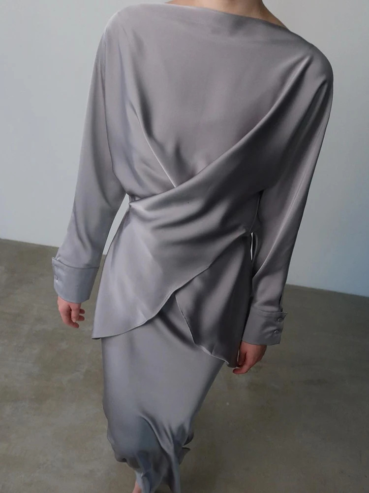 Spring Elegant Satins Outfit Women Long Sleeved Lace Up TopHigh Waist Loose Straight Bust Skirt Autumn Female Two Piece Set 250715