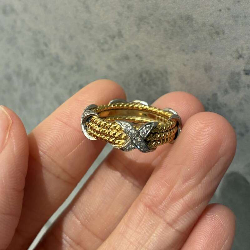 Light Luxury High-end Versatile Braided Cross Color-block Design Vintage Style Designer Jewelry Inlaid Diamond Niche Women's Index Finger Ring