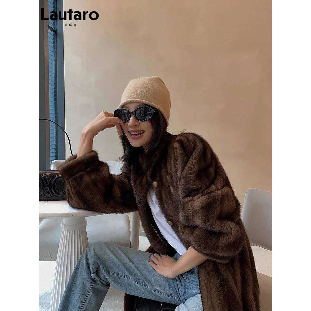 Lautaro Winter Long Brown Thick Warm Soft Faux Mink Fur Coat Women Puff Sleeve Elegant Chic Fluffy Furry Overcoat 2023 MDNG