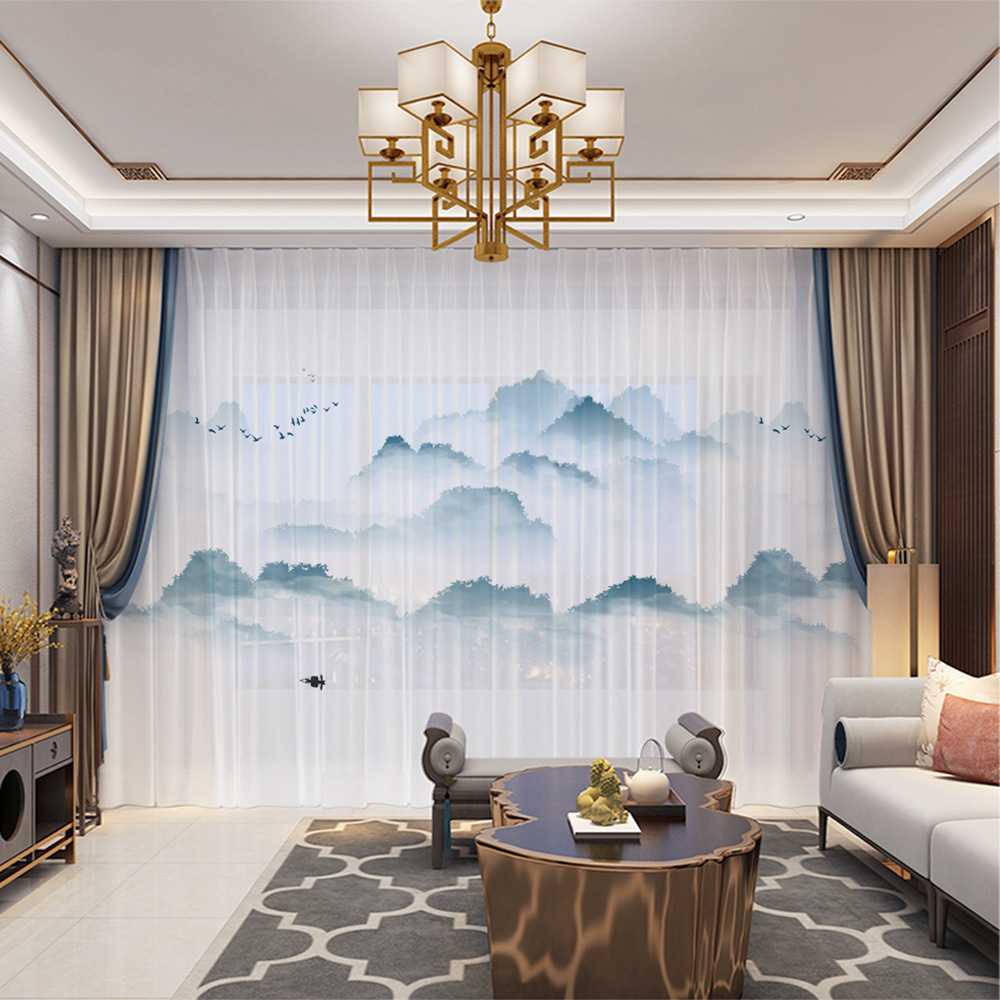 YL-36639 New Chinese style landscape painting all-match chiffon window screen living room bedroom tea house temple light-transmitting and non-transmit