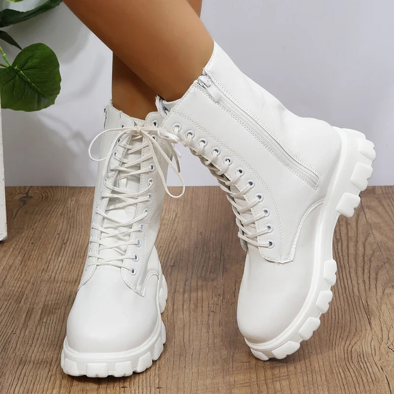 2024 Boots Women Autumn Winter PU Leather White Ankle Boots Motorcycle Botines Female Chunky Heels Platform Boots Botas Mujer 250714