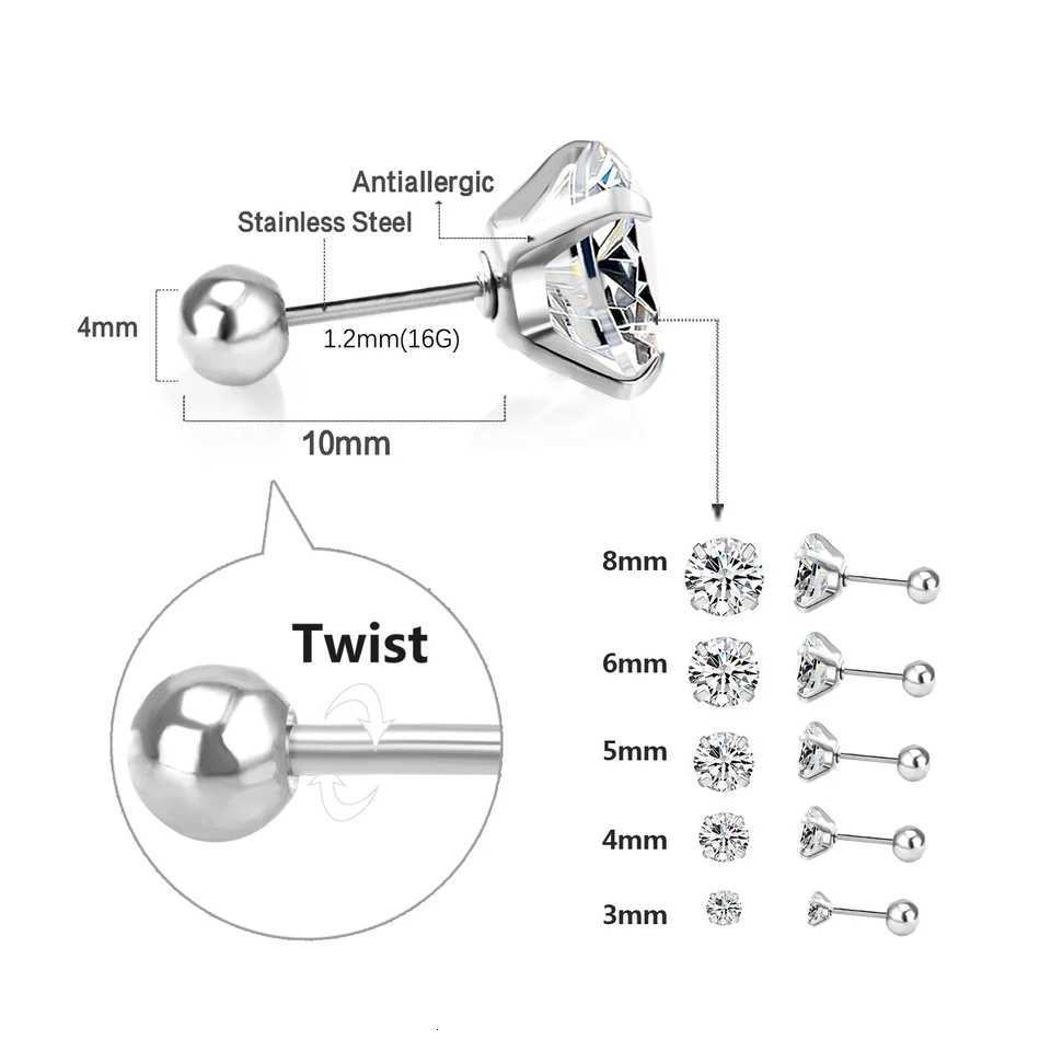 1 Pair Set Stainless Steel Round Ball Gold Silver Cubic Zirconia Ball Screw Back Stud Earrings Set for Men Women XJ250718
