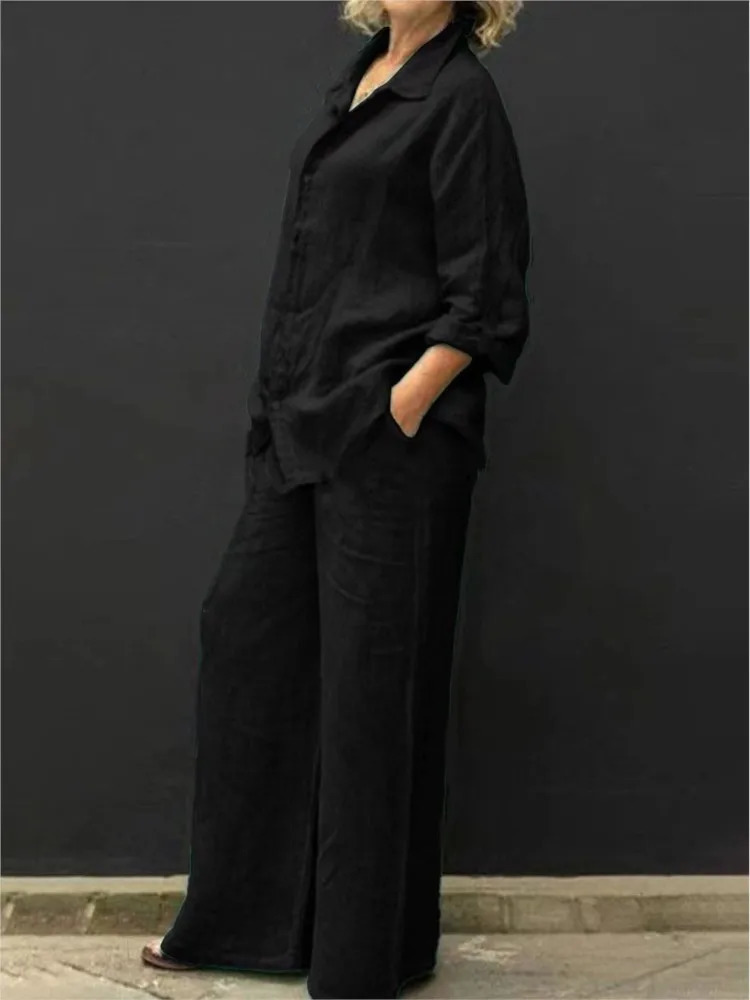 Linen Lapel Two Pieces Set Autumn Vintage Solid Color Long Sleeve Button Shirt Blouse Womens Casual Loose Straight Pants Suits 250714