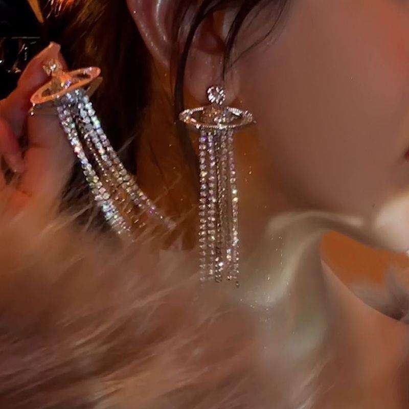 Dongju Saturn Invitation Sexy Explosive Super Shiny Planet Long Elegant Versatile Tassel Earrings Make Face Look Smaller