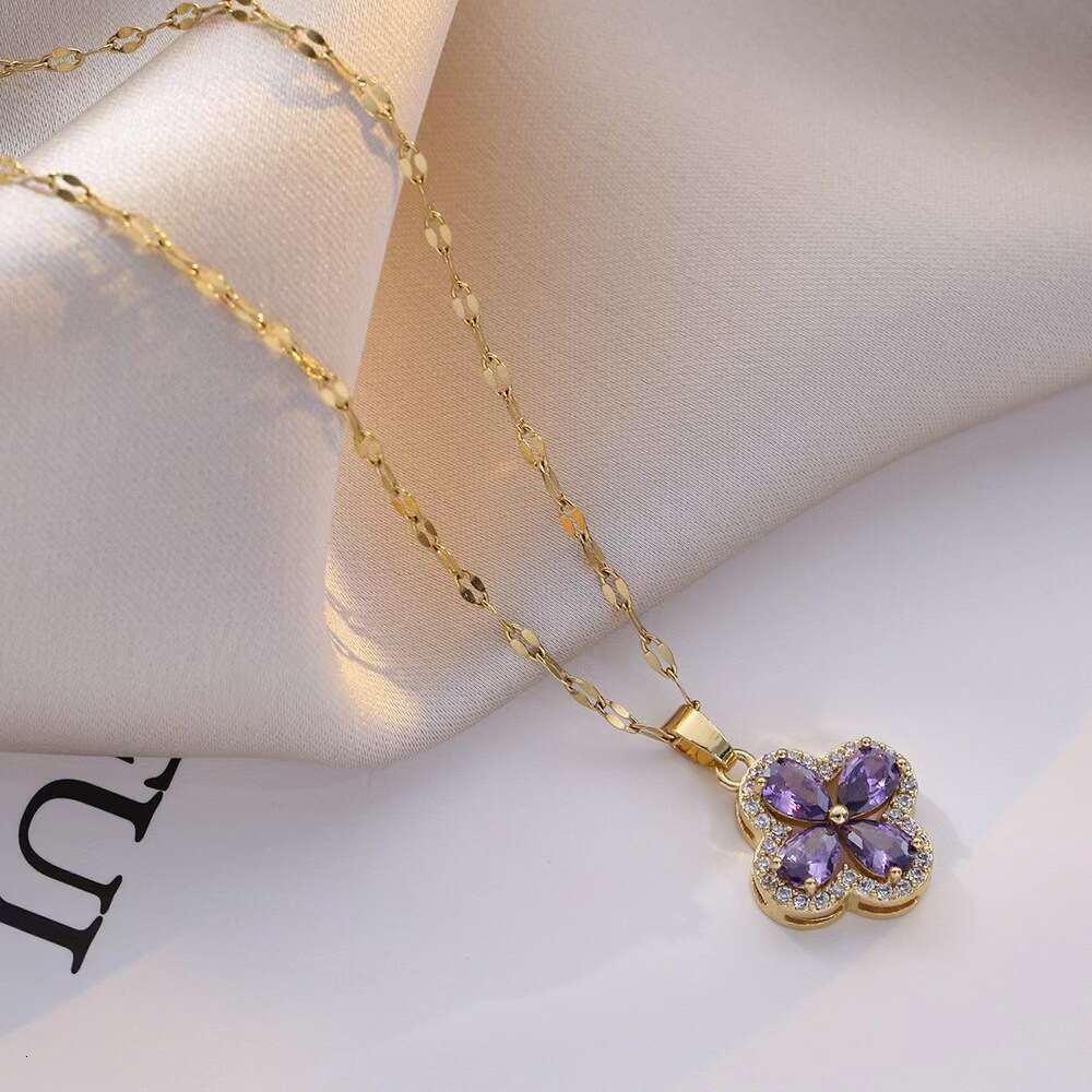 New Violet Four-Leaf Clover Necklace Fashion Versatile Clavicle Chain for Women Light Design High-end Feel