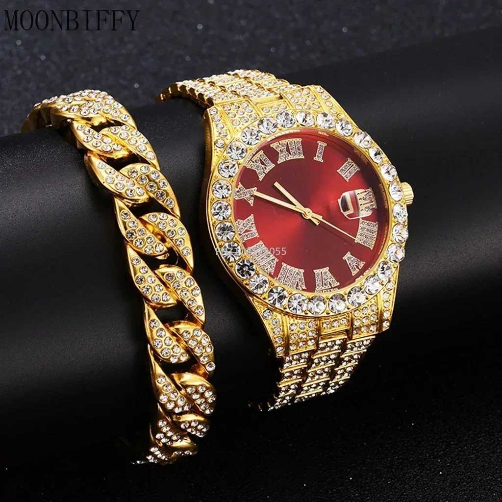 1/2Pc Watch Bracelet Set Hip Hop Stainless Steel Gold Color Calendar Watch Men Iced Out Paved Rhinestones Men Watch Reloj Hombre W250718