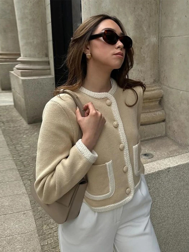Chic Patchwork Single Breasted Knitting Cardigan Women Elegant O Neck Long Sleeve Pocket Sweater Coat Office Lady Crop Top 250715