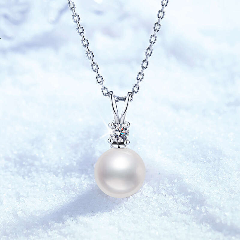 S Pure Sier Natural Freshwater Pearl Strong Round Light Versatile 10 Points Moissanite Necklace 8bd