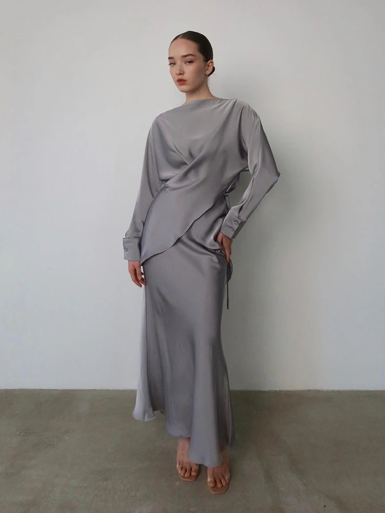 Spring Elegant Satins Outfit Women Long Sleeved Lace Up TopHigh Waist Loose Straight Bust Skirt Autumn Female Two Piece Set 250715