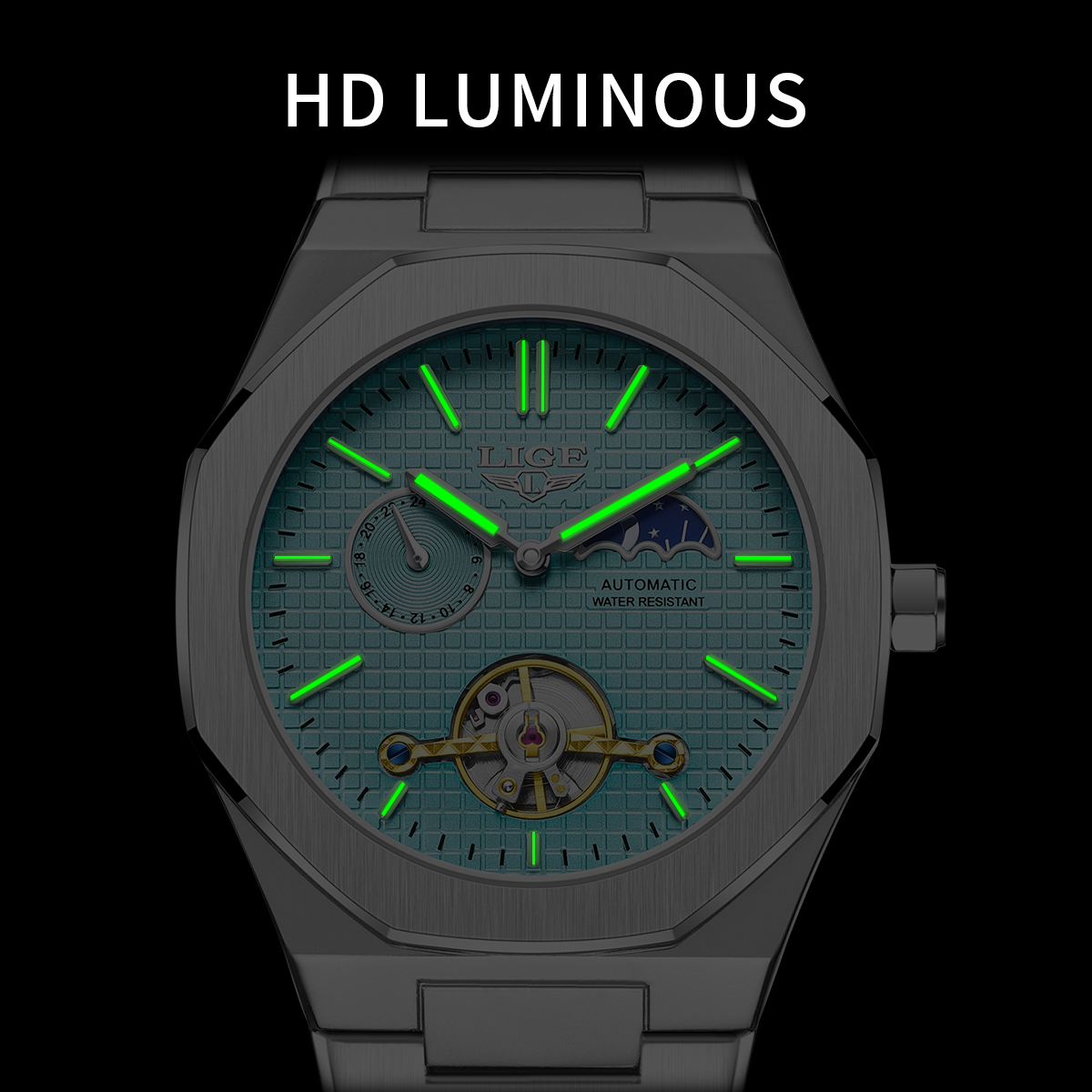 LIGE Men's Mechanical Watch Automatic Tourbillon Stainless Steel Strap 30m Waterproof Watch Moon Phase Fashion Business Watch Holiday Gifts